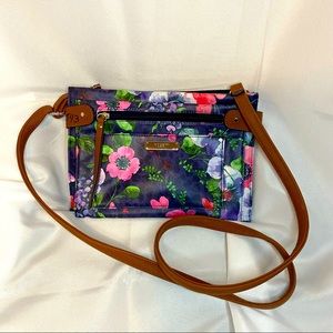 Rosetti Crossbody Bag Purse Brown Blue Leopard Floral Print organization pockets